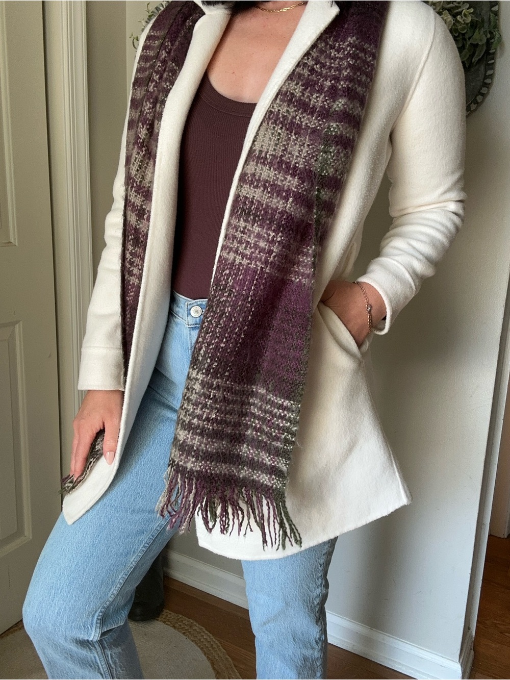 J. Jill Plaid Fringe Scarf in Plum and Olive